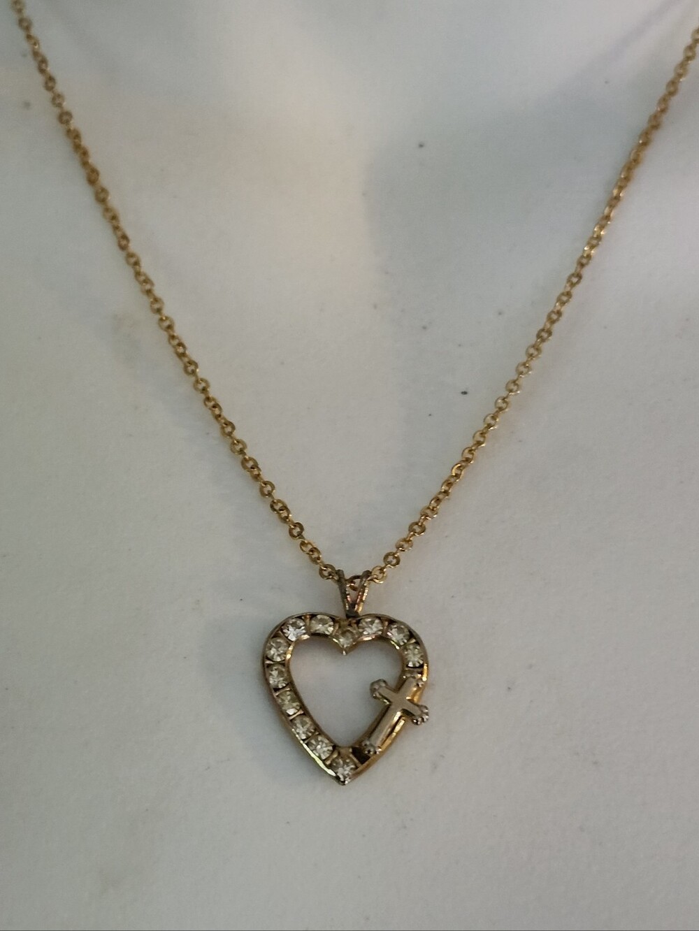 Gold Tone Open Heart Clear Crystal Pendant  Necklace with Cross Accent